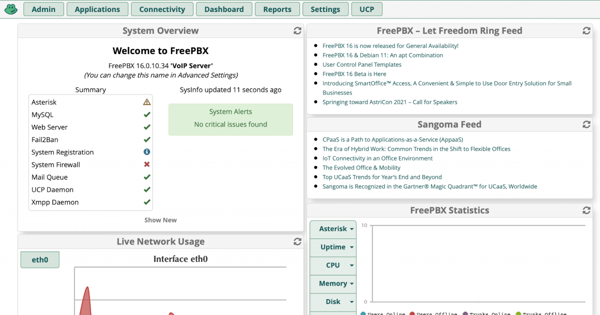 FreePBX 16 dashboard